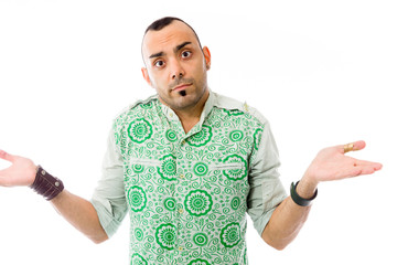 model isolated on plain background puzzled confused lost