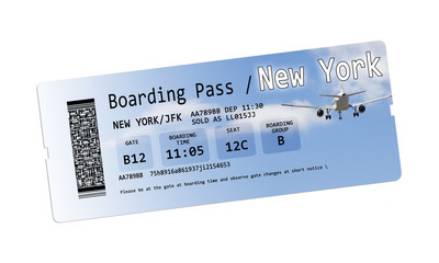 Airline boarding pass tickets to New York isolated on white