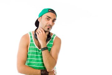model isolated on plain background thinking