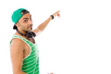 model isolated on plain background looking at camera pointing