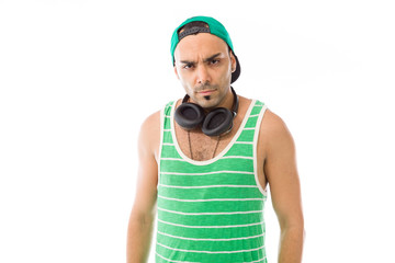 model isolated on plain background upset angry worried