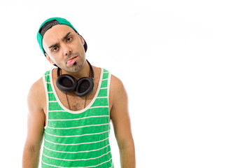 model isolated on plain background face sticking tongue out