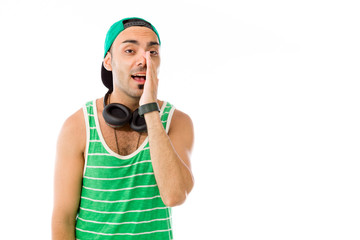 model isolated on plain background calling shouting