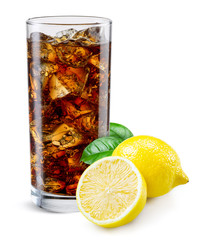 Cola glass with lemon isolated on white.