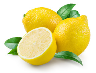 Lemon. Fruit with leaves on a white background. - obrazy, fototapety, plakaty