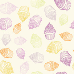 Vintage cupcake with chalks. Sketches Seamless pattern.