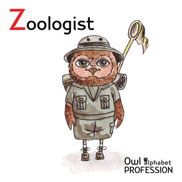 Alphabet professions Owl Letter Z - Zoologist Vector Watercolor.