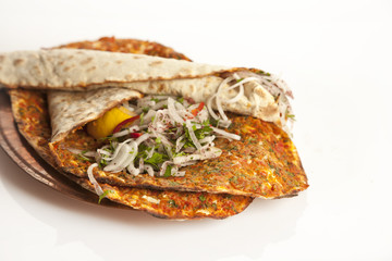 Turkish specialty pizza lahmacun pide with parsley and lemon