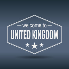 welcome to United Kingdom hexagonal white vintage label