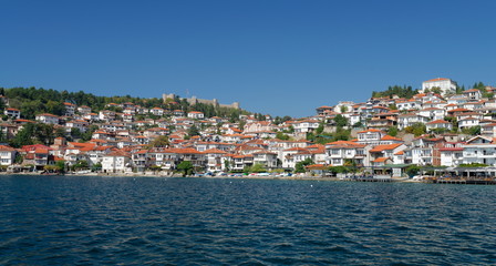 Fototapeta na wymiar View of Ohrid old town and old fortress from a boat.