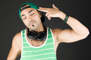 model isolated on plain background hand gesture gun