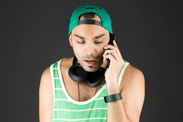 model isolated on white holding phone