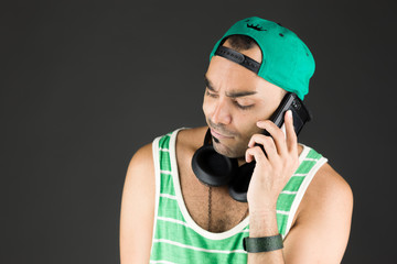 model isolated on white holding phone