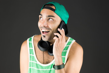 model isolated on white holding phone