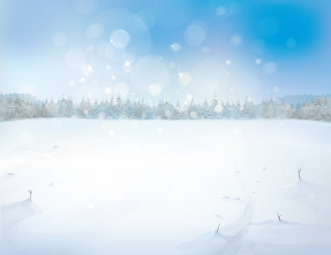 Vector snowy landscape with forest background.