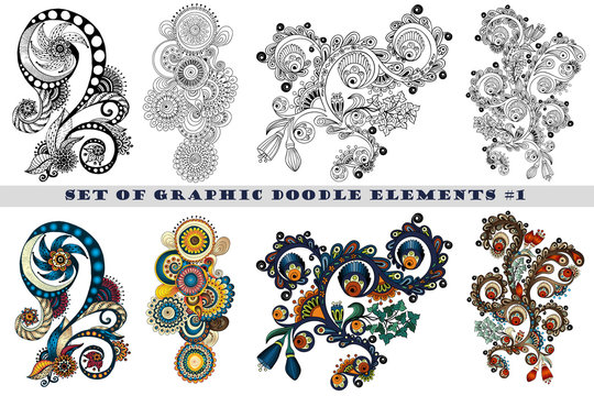 Set of Henna Paisley Mehndi Doodles Design Element.