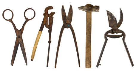 Old isolated tools:adjustable wrench, hammer, scissors, scissors