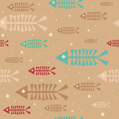 Beige ethnic floating fish skeletons seamless pattern