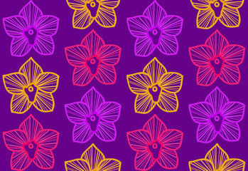 Violet seamless pattern with colorful tropical orchids