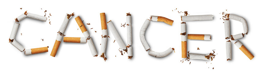 Text ''cancer'' made from broken cigarettes