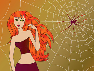 Halloween girl against large cobweb with big spider