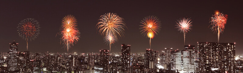 Fireworks celebrating over Tokyo cityscape at night, Japan