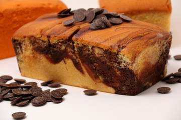 view of the chocolate swirls on a marble cake