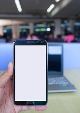 blank screen smartphone in hands at library