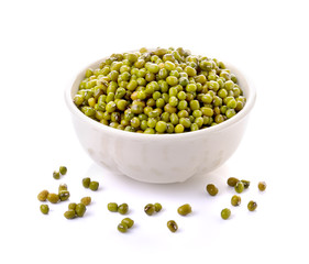 Green mung beans in bowl isolated on white background