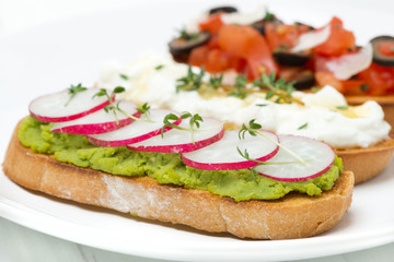 toasted ciabatta with pate of avocado and fresh radish
