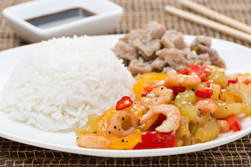 white rice, chicken and vegetables with shrimp