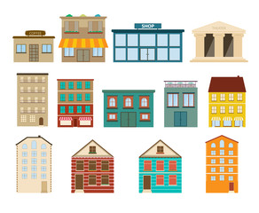 Town and suburban buildings icons on white background