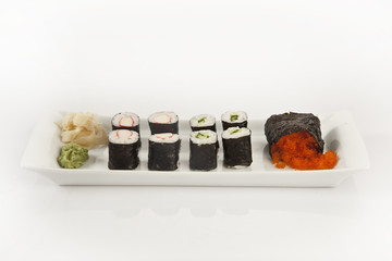 sushi rolls on white plate with clipping path