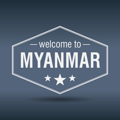 welcome to Myanmar hexagonal white vintage label