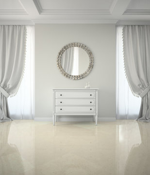 Interior of classic room with round mirror and cabinet 3D render