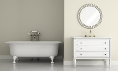 Fototapeta na wymiar Interior of classic bathroom with round mirror 3D rendering