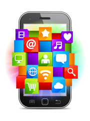 Mobile phone and shiny media symbols.