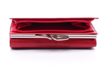 Women's red leather wallet on a white background