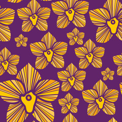 Deep violet seamless pattern with yellow tropical orchids
