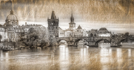 Obrazy na Plexi  Widok na Most Karola w stylu retro Praga,Czechy.