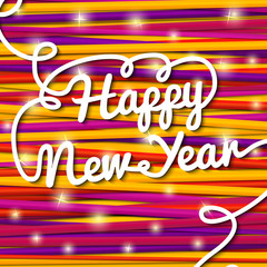 Happy New Year handwritten white swirl lettering on greeting