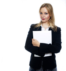 Fototapeta premium Young business woman on white background holding white folder