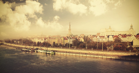 Vintage photo of Szczecin, city by the river, Poland.