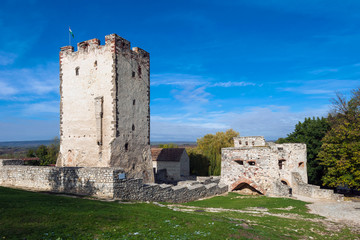 Ruin of aged stone Kinizsi castle in Nagyvazsony, Hungary