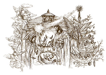 Nativity Scene - hand drawn vector - obrazy, fototapety, plakaty