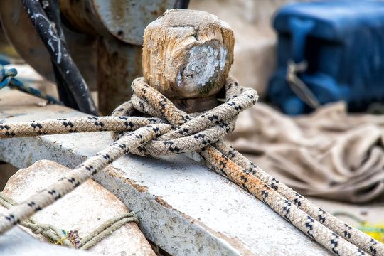 Mooring rope on a small fishing boat in Greece