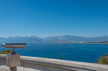 Fototapeta na wymiar View of Antalya, Mediterranean sea and sightseeing telescope, Tu