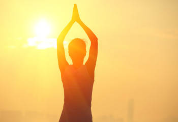 fitness yoga woman sunrise seaside 