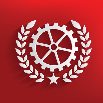 Gear badge symbol on red background,clean vector