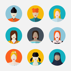 Vector set  of women avatars  in flat style different nationalit